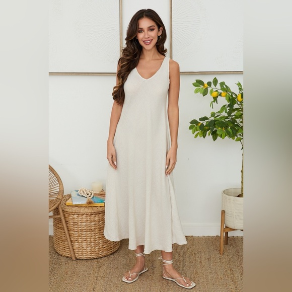 Milio Milano Dresses & Skirts - (800866/191333-BGE) ITALIAN LINEN MAXI V-NECK DRESS